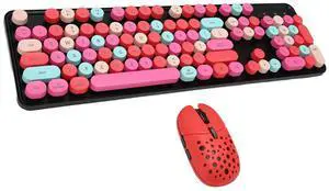 Acogedor 2.4G Keyboard and Mouse Combo, Colorful Cute Round Keycaps Typewriter Keyboard with USB Receiver, for PC Laptop Desktop (Mixed Color Red)