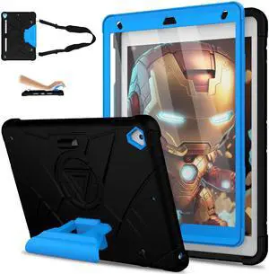 Andnary Case for iPad 10.2 inch 9th/8th/7th Generation, Heavy Shockproof Cover with 180° Rotating Handle/Screen Protector/Bracket/Pen Holder/Shoulder Strap, Case for 2021/2020/2019, Black+Blue