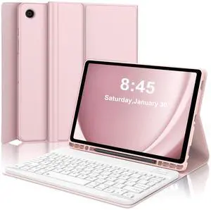 AMOUOGOEY Keyboard Case for Samsung Galaxy Tab A9 Plus 5G 11 Inch 2023(SM-X210/X216/X218) - Detachable Wireless Bluetooth Keyboard - Folio Smart Cover with S Pen Holder for Galaxy Tab A9+ 11" (Pink)