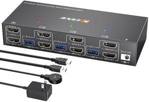 KVM Switch 2 Monitors 3 Computers 4K@60Hz,HDMI USB3.0 KVM Switches with 4 USB 3.0 Port,Wired Remote,Power Adapter and USB3.0 Cables Included(4K 3 PC 2 Monitor KVM)
