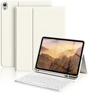 aoub Keyboard Case for iPad (A16) 11th Gen 11 Inch 2025, iPad 10th Generation 10.9 inch 2022 with Pencil Holder, Stand Folio Detachable Wireless Bluetooth Rechargeable Keyboard, Cream White