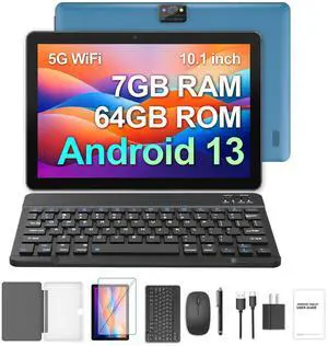 BAKEN 10.1 Inch Android 13 Tablet, 7GB+64GB, 1TB Expansion, with Case, Mouse, Stylus, Keyboard, Quad-Core Tablets, 1280x800 IPS Screen, 5G Wi-Fi Tablets, 8MP+2MP Camera, 6000mAh Long Battery Life
