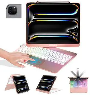 BABG Keyboard Case for iPad Air 13 inch,Compatible with iPad Pro 13 inch M4 2024&iPad 12.9 inch 6th/5th /4th/3rd Gen,Mulit-Toupad,360deg Rotatable,Rainbow Backlits,Wireless,Pencil Charging-Pink
