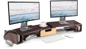BLUEWEST Natural Wooden Dual Monitor Stand Riser with Drawer, 40.4'' Ergonomic Monitor Stand for Desk with Adjustable Length and Swivel Angle, Wooden Desktop Organizer for Laptop, PC, Computer,Printer