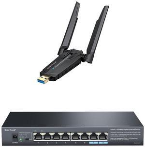 BrosTrend AXE5400 WiFi 6E USB Adapter, Tri-Band Long Range USB WiFi Adapter for Desktop PC Laptop 6GHz for Windows 11/10 + 8 Ports 2.5GB Ethernet Network Switch Supports Static Link Aggregation & VLAN