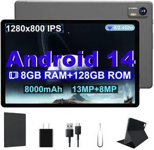 Android 14 Tablet, 10.1 Inch Android Tablet PC, 8GB RAM 128GB ROM 1TB Expand, 8000mAh Battery, Octa-Core 10.1 Inch with 13MP+8MP Camera/Bluetooth/GPS/WiFi/HD Display (Dark Gray)