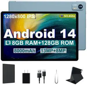 Android 14 Tablet, 10.1 Inch Android Tablet PC, 8GB RAM 128GB ROM 1TB Expand, 8000mAh Battery, Octa-Core 10.1 Inch with 13MP+8MP Camera/Bluetooth/GPS/WiFi/HD Display (Light Blue)