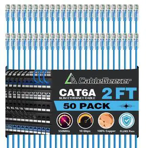 CableGeeker Patch Cables Cat6a 2ft (50 Pack) Slim, Cat6 Ethernet Patch Cable 10G Support, Snagless RJ45 Cat 6 Patch Cable for Patch Panel to Switch, Flexiable Network Cable - 2 Feet Blue