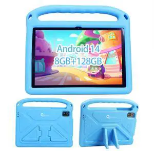 CWOWDEFU 2025 Tablet for Kids Pro, Android 14 Kids Tablet 10 inch,8GB+128GB Up to 1TB,Parental Control,WiFi 6,Face ID,GMS,Learning Tablets for Toddlers,Shockproof EVA Case (Blue)