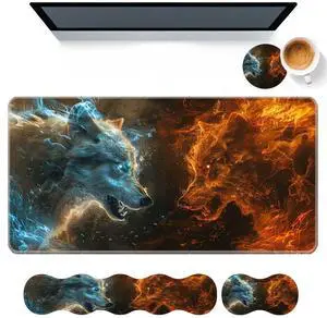 DHEEBFWE Keyboard Mouse Pad Set,Large Desk Pad+Keyboard Wrist Rest+Mouse Pad Wrist Support+Coaster,Easy Typing Pain Relief Non-Slip Mousepad Wrist Support Mousepad Set Home Office,Fire with Ice Wolf