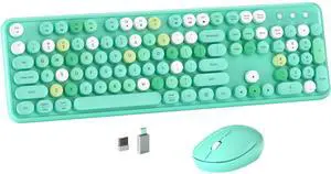 MPTOG Colorful Wireless Computer Keyboard and Mouse Combo with Round Typewriter Keycaps, Retro Design, Power Switch, Ergonomic Design, 2.4GHz Wireless for Windows, Mac, PC(Green-Colorful)