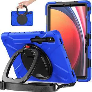PboyiqiS Heavy Duty Case for Galaxy Tab S9/S9 FE 2023/Tab S8 2022/Tab S7 2020,Hybrid Rugged Case with S Pen Holder, Shockproof Kids Case with 360 Rotating Stand/Shoulder Strap (Blue)