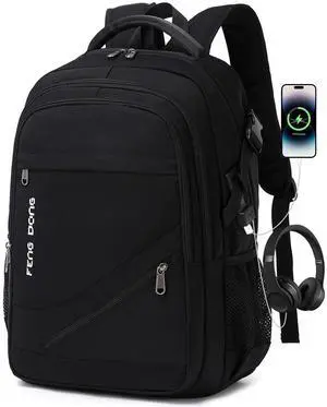 FENGDONG Durable Waterproof Travel Laptop Backpack 17.3 inch,Large College Backpack Bookbag for Men & Women Business Backpack with USB Charging Port and Headset Port Black