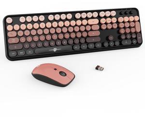 FOPETT Wireless Keyboard and Mouse Combo - 2.4G Full-Sized Cute Colorful Mouse and Keyboard with 104 Round Keys Retro Typewriter Keyboard for Laptop/Windows/PC - Pink Gradient
