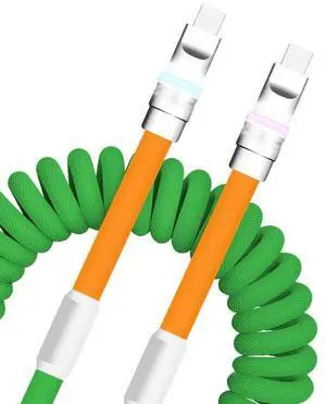 GentsStride Neon Chubby - New Spring Charge Cable Coiled Charging Cable for Carplay USB C Spiral Fast Charger Cable and Sync for Smart Phone,Tablet, Green+Orange, Type-C to Type-C, 2.29FT-3.6FT