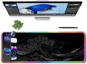 3-1 Wireless Charging Mouse Pad 15W, Japanese Sea Wave Desk Pad,RGB Gaming Mousepad with Wireless Charger for iPhone/Airpods,Large Desk Mat,14 Light Modes,Magnetic Charging, Long Desk Pad,31.5"x11.8"