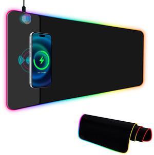 RGB Gaming Mouse Pad with Wireless Charging 15W, 14 Lights Touch Button LED Mouse Mat Extra Large Mousepad Non-Slip Rubber Base Waterproof Computer Keyboard Mat for Gaming, PC, Laptop, 800x300x4MM