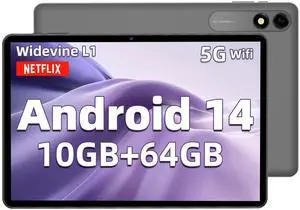 HNVHNV Android 14 Tablet 10.1 Inch, Octa-core, 10GB RAM 64GB ROM, 1TB Expansion, 800x1280 IPS HD Touchscreen, 6000mAh, 5MP + 8MP Dual Camera, 5G/2.4G WiFi, Bluetooth 5.0, GPS (Gray)