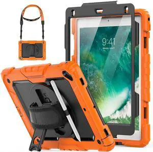 HXCASEAC Case for iPad Pro 9.7, Air 2, 9.7 inch 6th/5th Gen 2018/2017/2016/2014 with Screen Protector/Pencil Holder/ 360 Rotating Hand Strap Stand, Full Body Protective Cover for iPad 9.7 - Orange