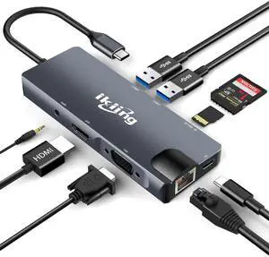 Ikling USB C Hub, 9-in-1 Adapter with 4K USB C to HDMI, VGA, Gigabit Ethernet, 100W PD, 2 USB-A 5 Gbps, MicroSD/SD Card Reader, USB C Dock for Most Type-C Devices
