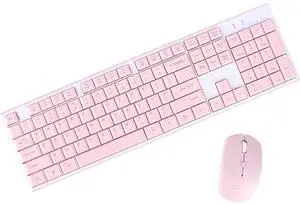 Wireless Keyboard Mouse Combo, Full Sized 2.4G Cordless Keyboard with Silent Chocolate Keys Multimedia, Ultra-Thin Cute Keyboard and 1600dpi Mouse Set for Computer PC Laptop (Pink)