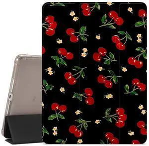 JOYLAND Fresh Cherry Flower Printed Case Compatible with iPad 9th/8th/7th Generation 10.2 Inch (2021/2020/2019 Release), Pencil Holder & Clear Transparent Soft TPU Back & Trifold Smart Pad Cover