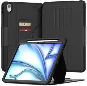KAIJIAbox Case for iPad Air 11 (M3 2025 / M2 2024) iPad Air 6th & 7th Generation - Protective Ultra Thin Case, Magnetic Stand, Sleep/Wake Cover with Pencil Storage, Card Slots, Black