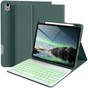 kenke for iPad 11/10th Gen Case with Keyboard 11/10.9 inch 2025 A16/2022, Detachable Wireless Bluetooth Keyboard Case with Left Side Pencil Holder, Backlit White Circular Keycaps (Dark Green