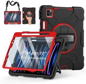 Case for iPad Pro 11 Inch (2022/2021/ 2020/2018): Silicone Cover for iPad 11 (4th/ 3rd/ 2nd/ 1st) Generation with Screen Protector- Stand- Handle- Shoulder Strap- Pencil Holder- Red