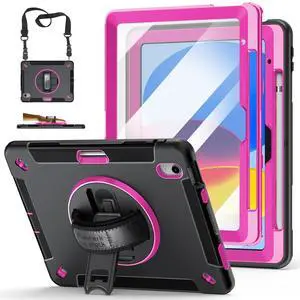 Case for iPad (A16) 11th/10th Generation Case: Protective Cover for iPad 11th Gen 11 Inch 2025 &10th Gen 10.9" 2022 with Screen Protector- Stand- Shoulder Strap- Handle- Pencil Holder-Rose Red