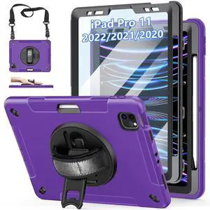 Case for iPad Pro 11 Inch 2022/2021/ 2020/2018: Cover for iPad 11 Inch 4th/ 3rd/ 2nd/ 1st Generation with Screen Protector- Stand- Handle- Shoulder Strap- Pencil Holder Purple