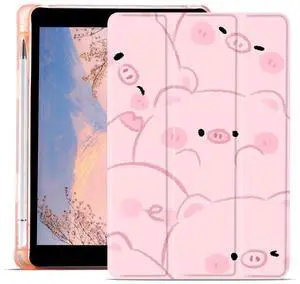 JOYLAND Cute Piggy Pad Case for iPad 9th/7th/8th Generation 10.2 Inch with Pencil Holder, Clear TPU Foldable iPad 2021/2020/2019 Smart Stand Back Cover, Auto Wake/Sleep Shockproof Protective Case