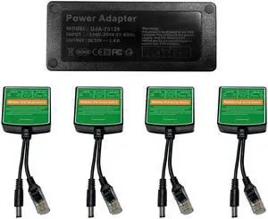 PoE Injector Adapter with 4 PoE Splitters 5.5x2.1mm 12V2A Output, PoE Serial Splitter Kit Comply IEEE 802.3af/at Standard, Total Distance Up to 1312 ft for Non-PoE Devices. (PoE Serial Switch Indoor)