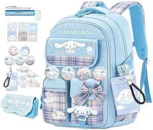 Roffatide Anime Kawaii School Backpack for Girls Boys with 21Pcs Accessories Cartoon Students Aesthetic New Semester Gifts Laptop Backpack with Cute Pins, Anti-Theft, ID Badge Holder