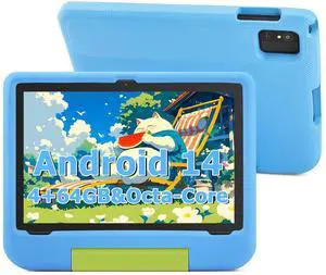 Ruufuuxy Kids Tablet 10 Inch - Android 14 Tablet for Kids, Octa-Core, 4GB RAM 64GB ROM Expandable, IPS HD 1280x800, WiFi 6, 5000mah Battery, GMS, 2.0MP + 5.0 MP, Parental Control (Blue EVA Case)