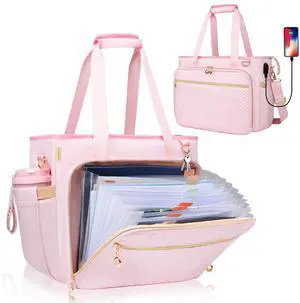 Sambois Teacher Tote Bag with Accordion File Organizer Pocket, Soft Nylon Utility Bag with 15.6 inch Laptop Compartment & USB Port, Large Work Tote Bag for Office Supplies Women (Pink)