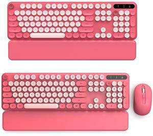 Pink 2 Pack Wireless Keyboard and Mouse Combo - Round Keycaps, Full-Size Retro Typewriter Keyboard with Detachable Wrist Rest, Sleep Mode & Tilt Legs, 2.4GHz Cordless Connection for Windows/PC