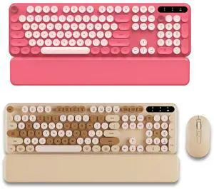 Pink Wireless Keyboard and Latte Wireless Keyboard Mouse, Round Keycaps, Full-Size Retro Typewriter Keyboard with Detachable Wrist Rest, Sleep Mode & Tilt Legs, 2.4GHz Cordless Connection for Mac/Wind