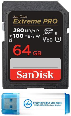 SanDisk UHS-II 64GB Extreme Pro SDXC Memory Card 280MB/s Read Speed V60 Class 10 Card for Photo and Video (SDSDXEP-064G-GN4IN) Bundle with 1 Everything But Stromboli 3.0 Micro & SD Card Reader