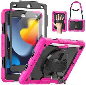 SEYMAC for iPad 9th/8th/7th Generation Case 10.2" 2021-2019, Full-Body Shockproof Heavy Duty Protective Case with Screen Protector, Rotating Stand/Handle/Shoulder Strap for iPad 10.2, Pink