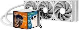TRYX Panorama 360 White 360mm AIO 6.5'' AMOLED L-Shaped Screen 3D Anamorphic Effect Display Customizable AIO Cooler 360mm 8th Gen Asetek Pump 320w TDP ROTA PRO 120mm Fan LGA 1700/1200/115X AM5/AM4