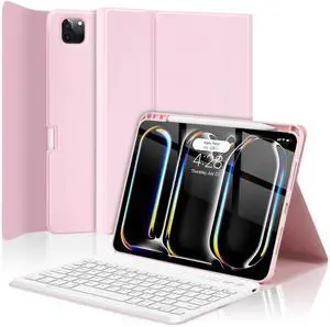 TQQ for iPad Pro 11-inch Case with Keyboard (M4, 2024), iPad Pro 11" (5th Generation) Keyboard Case - Magnetic Wireless Detachable Keyboard Cover with Pencil Holder (Pink)