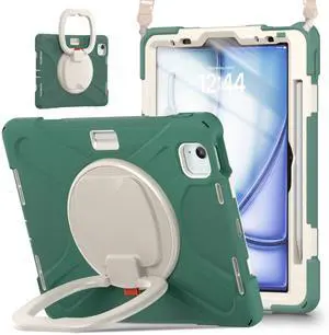 TSQQST Case for iPad Air 7th/6th Generation 11 Inch M3 M2 2025 2024/ iPad Air 5th/4th Gen 10.9", Screen Protector, Pencil Holder, Rotating Handle Grip & Shoulder Strap | Heavy Duty Protection, Green