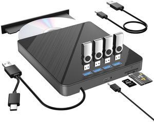 TYYWGD External CD DVD Drive,7 in1-4 USB Ports and TF/SD Card Slots USB 3.0 Portable CD/DVD Disk Drive Player Burner Reader Writer for Laptop MacBook PC Windows 11/10/8/7 Linux OS