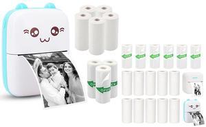 Vicbear Mini Pocket Printer Set with 8 Rolls Printing Paper + 16 Rolls Thermal Paper Set, Including Sticker/White Plain Paper, Blue