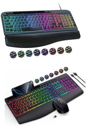 VEILZOR Ergonomic Wireless & Wired Keyboard and Mouse Combo with RGB Lighting, Wrist Rest, Phone Holder, and USB-C Rechargeable  Perfect for Work, Gaming, and Multitasking
