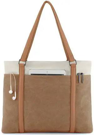 Wxnow Laptop Tote Bag for Women, Large Canvas Work Bags, 15.6 Inch Computer Briefcase Shoulder Bag for Office, Business, Travel, School Brown