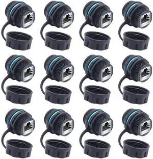 YIOVVOM RJ45 CAT6 Panel Mounting Shielded Waterproof Connector Cat5/5e/6 Female to Female 8P8C Ethernet LAN Cable Coupler Double Head Adapter with Waterproof/Dust Cap 12PCS