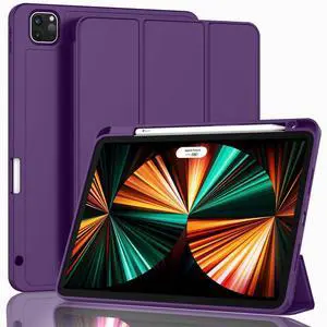 ZryXal New iPad Pro 12.9 Inch Case 2022/2021/2020(6th/5th/4th Gen) with Pencil Holder,Smart iPad Case [Support Touch ID and Auto Wake/Sleep] with Auto 2nd Gen Pencil Charging (Dark Purple)