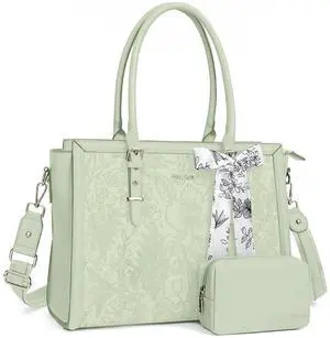 MOSISO Laptop Bag for Women, 15.6-16 inch PU Leather Tote Bag Compatible with MacBook, HP, Dell, Asus Notebook, Front Embossed Retro Hibiscus Computer Bags with Silk Scarf&Clutch Purse, Sage Green